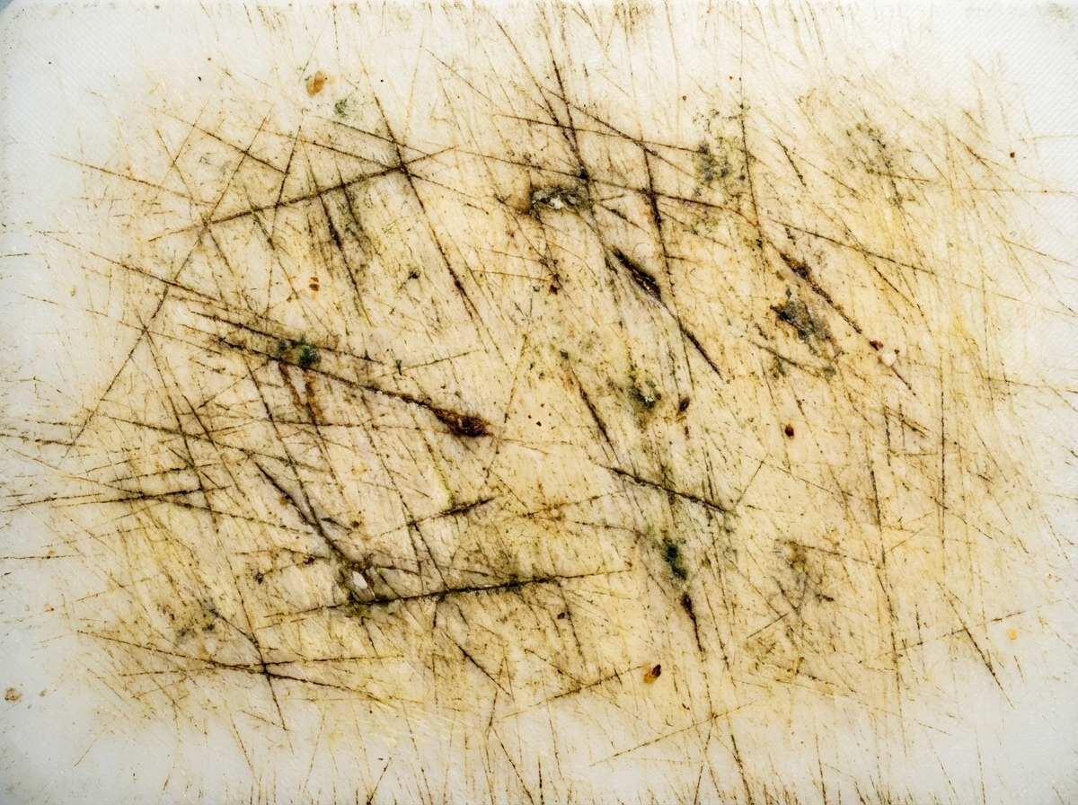 Dirty plastic cutting board with scratches